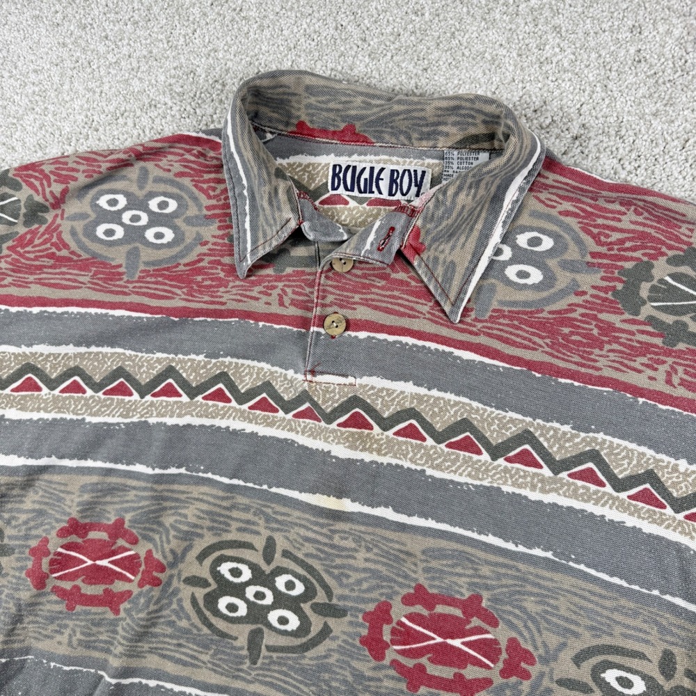 Bugle Boy Polo Shirt Mens Large Grey Burgundy Geometric Tribal Print Vintage